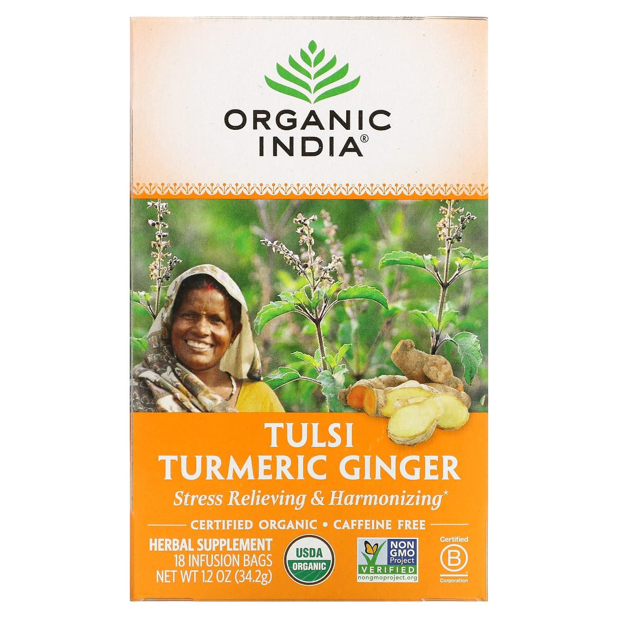 Organic India, Tulsi Tea, Lemon Ginger, Caffeine-Free, 18 Infusion Bags, 1.27 oz (36 g) - Supply Center USA