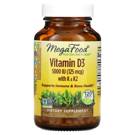 MegaFood, Vitamin D3 with K & K2, 5,000 IU (125 mcg), 120 Capsules - Supply Center USA