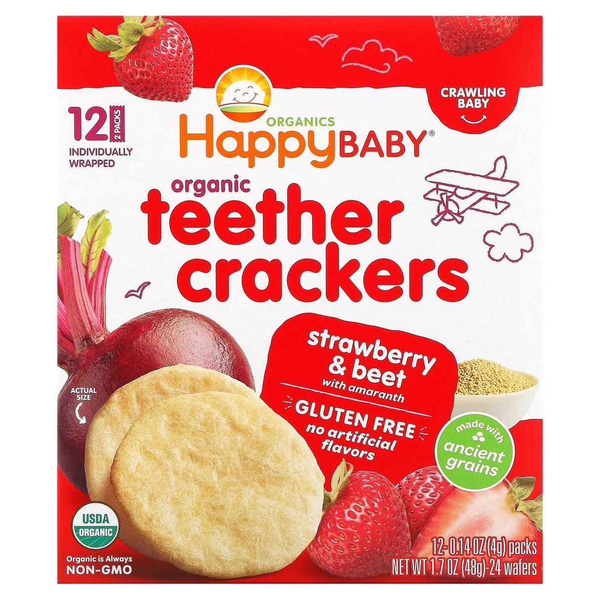 Happy Family Organics, Organic Teether Crackers, Strawberry & Beet with Amaranth, 12 Packs, 0.14 oz (4 g) Each - Supply Center USA