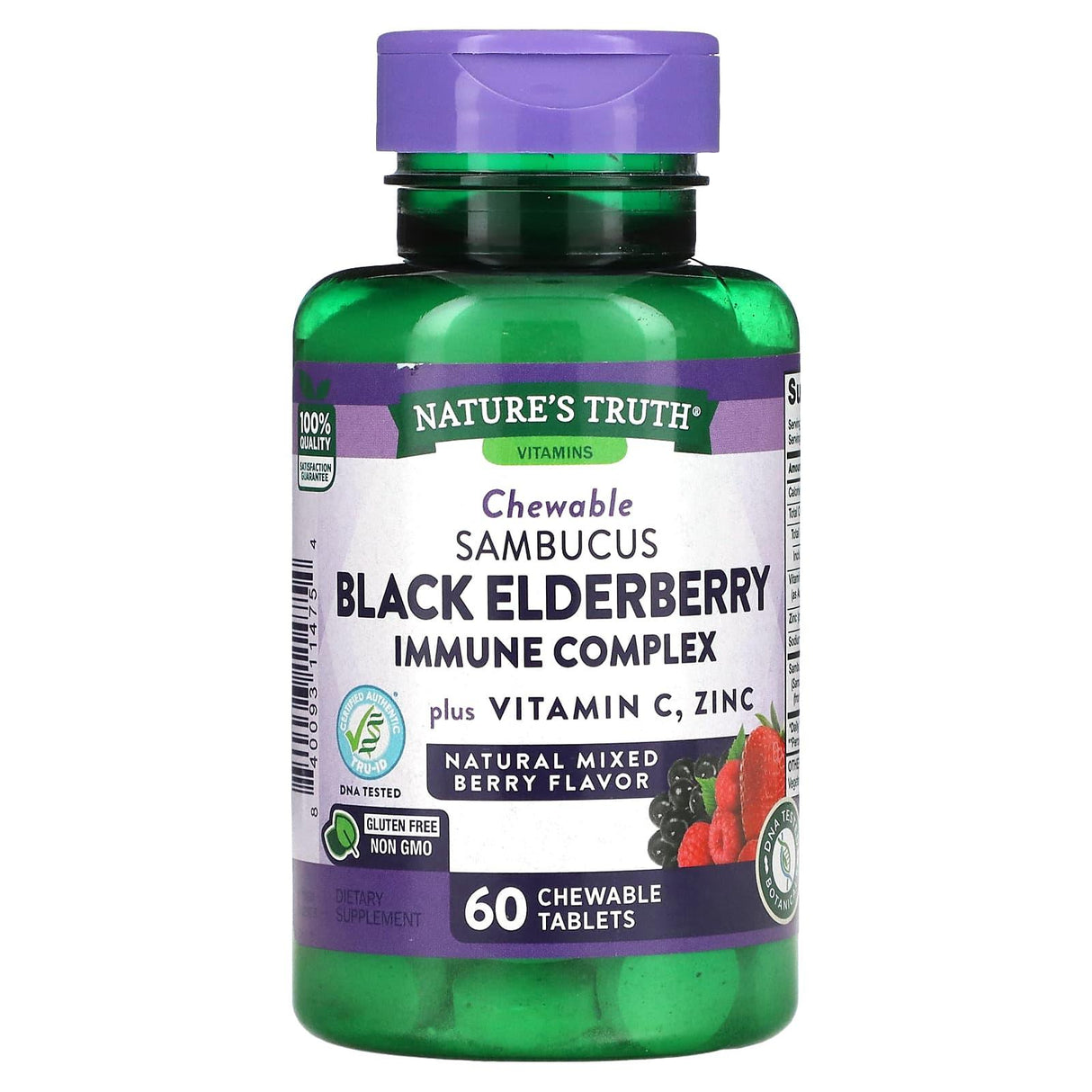 Nature's Truth, Sambucus Black Elderberry Immune Complex Plus Vitamin C & Zinc, Natural Mixed Berry, 60 Chewable Tablets - Supply Center USA