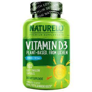 NATURELO, Vitamin D3, Plant-Based from Lichen, 62.5 mcg (2,500 IU), 180 Easy Swallow Capsules - Supply Center USA