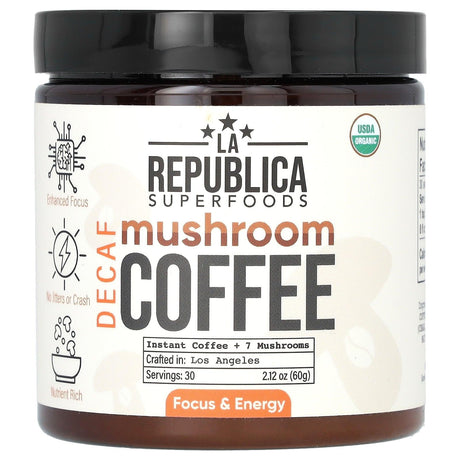 LA Republica, Mushroom Coffee, Instant Coffee + 7 Mushrooms, Decaf, 2.12 oz (60 g) - Supply Center USA