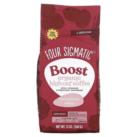 Four Sigmatic, Boost Organic High Caf Coffee with L-Theanine & Cordyceps Mushroom, Ground, Dark Roast, 12 oz (340 g) - Supply Center USA