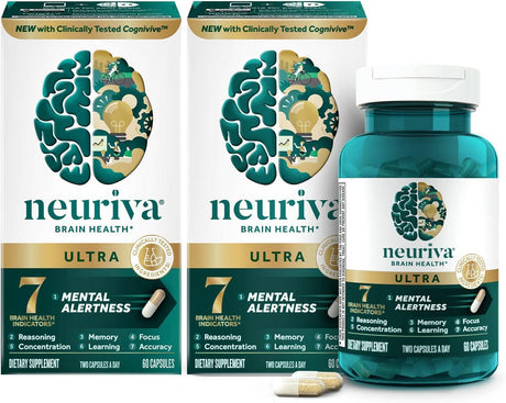 NEURIVA Ultra Decaffeinated Clinically Tested Nootropic Brain Supplement for Mental Alertness, Memory, Focus & Concentration, Cognivive, Neurofactor, Phosphatidylserine, Vitamins B6 B12, 60 Capsules - Supply Center USA