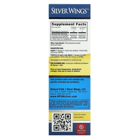 Natural Path Silver Wings, Colloidal Silver Vertical Spray, 50 PPM, 1 fl oz (30 ml) - Supply Center USA