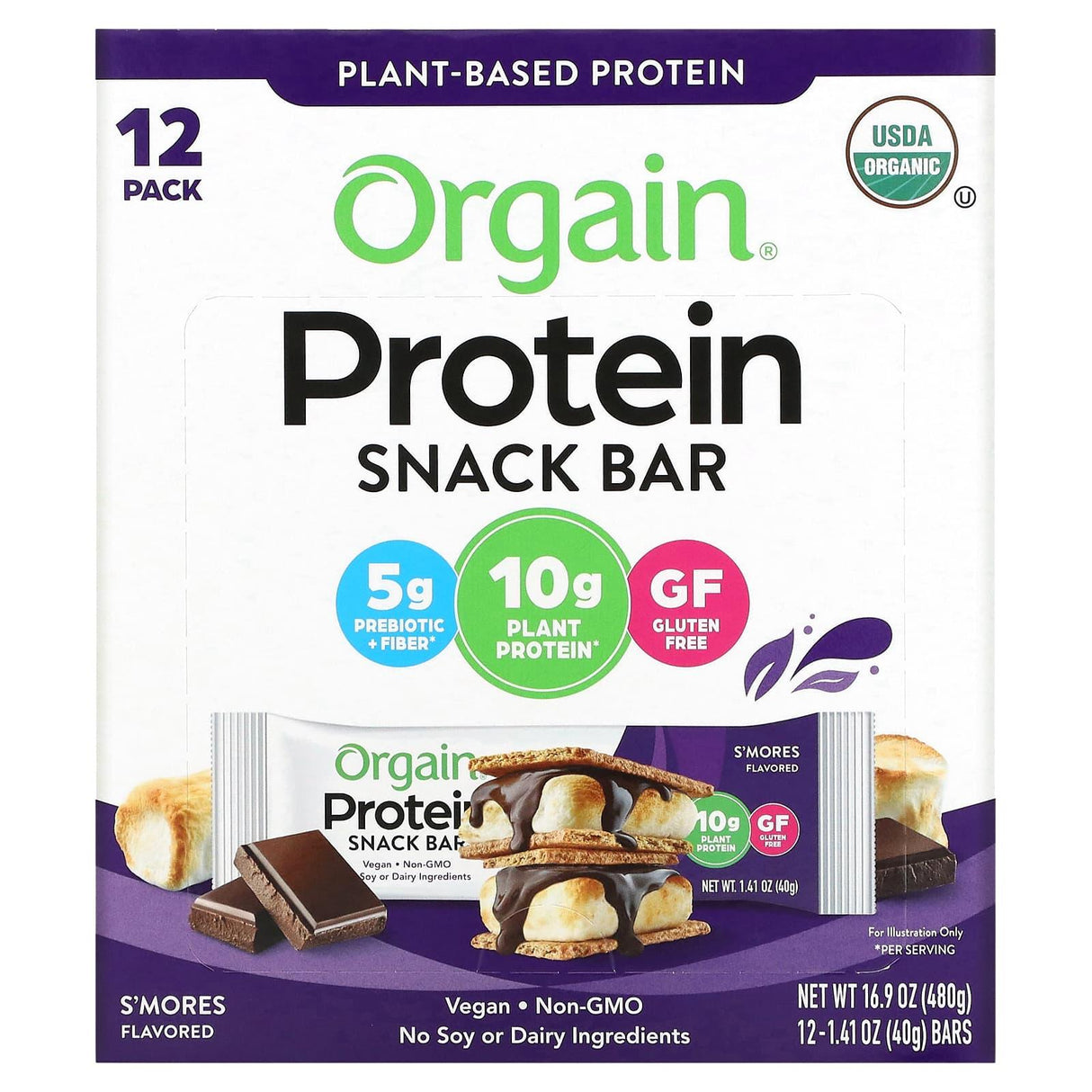 Orgain, Organic Plant-Based Protein Snack Bar, S'mores, 12 Bars, 1.41 oz (40 g) Each - Supply Center USA