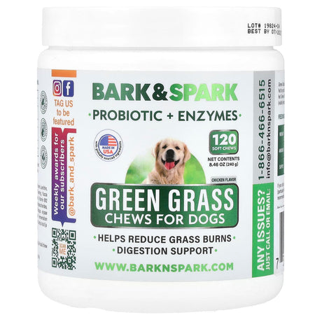 Bark&Spark, Green Grass Chews, For Dogs, Chicken, 120 Soft Chews, 8.46 oz (240 g) - Supply Center USA