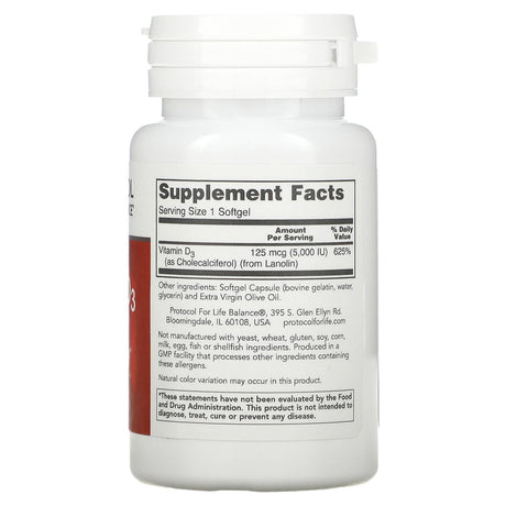 Protocol for Life Balance, Vitamin D3, High Potency, 5,000 IU, 120 Softgels - Supply Center USA