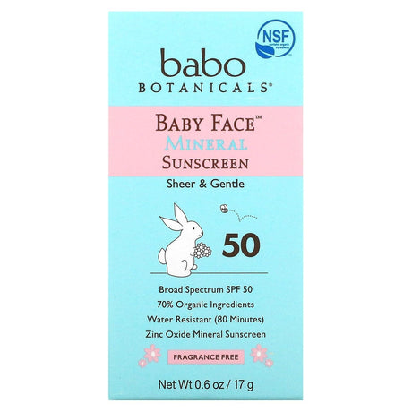 Babo Botanicals, Baby Face, Mineral Sunscreen Stick, SPF 50, Fragrance Free, 0.6 oz (17 g) - Supply Center USA