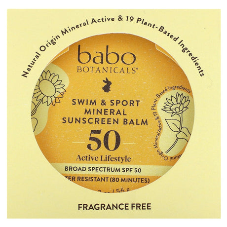 Babo Botanicals, Swim & Sport Mineral Sunscreen Balm, SPF 50, Fragrance Free, 2 oz (56 g) - Supply Center USA