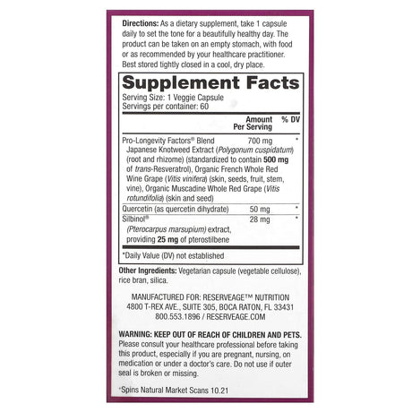 Reserveage Nutrition, Resveratrol with Pterostilbene , 500 mg, 60 Veggie Capsules - Supply Center USA