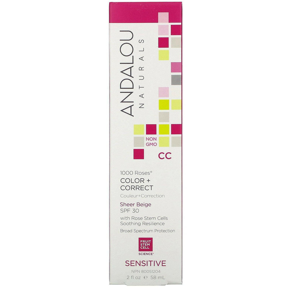 Andalou Naturals, 1000 Roses, CC Color + Correct, Sensitive, SPF 30, Sheer Beige, 2 fl oz (58 ml) - HealthCentralUSA