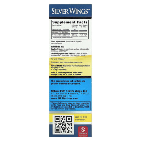 Natural Path Silver Wings, Colloidal Silver Vertical Spray, 250 PPM, 1 fl oz (30 ml) - Supply Center USA