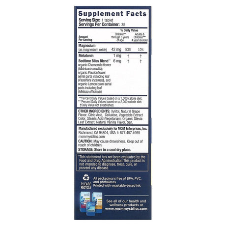 Mommy's Bliss, Kids Sleep Chewable, Melatonin + Magnesium, Kids 3 Yrs+, Natural Grape, 35 Chewable Tablets - Supply Center USA