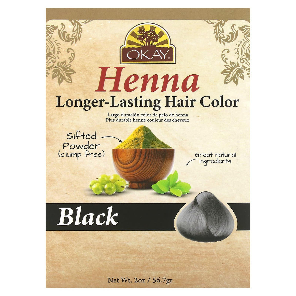 Okay Pure Naturals, Henna, Longer-Lasting Hair Color, Black , 2 oz (56.7 g) - Supply Center USA