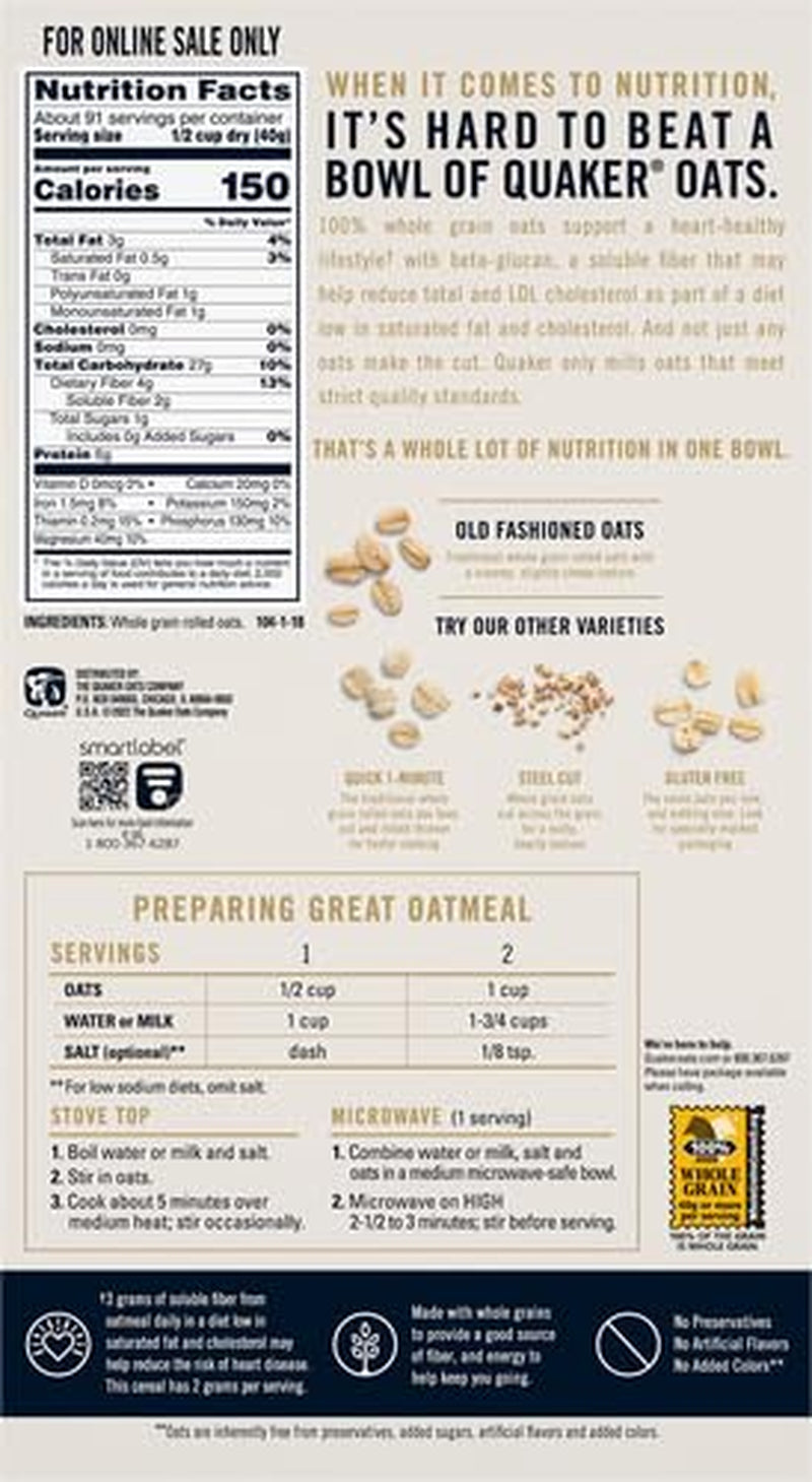 Quaker Old Fashioned Rolled Oats, Non GMO Project Verified, Two 64Oz Bags in Box, 90 Servings, 4 Pound (Pack of 2)