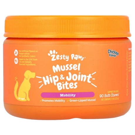 Zesty Paws, Mussel Hip & Joint Bites, For Dogs, All Ages, Chicken, 90 Soft Chews, 7.9 oz (225 g) - Supply Center USA