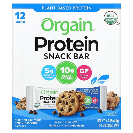 Orgain, Organic Plant-Based Protein Bar, Peanut Butter Chocolate Chunk, 12 Bars, 1.41 oz (40 g) Each - Supply Center USA