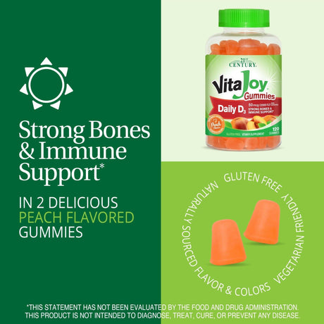 21st Century, VitaJoy Gummies, Daily D3, Peach, 25 mcg (1,000 IU), 120 Gummies - Supply Center USA