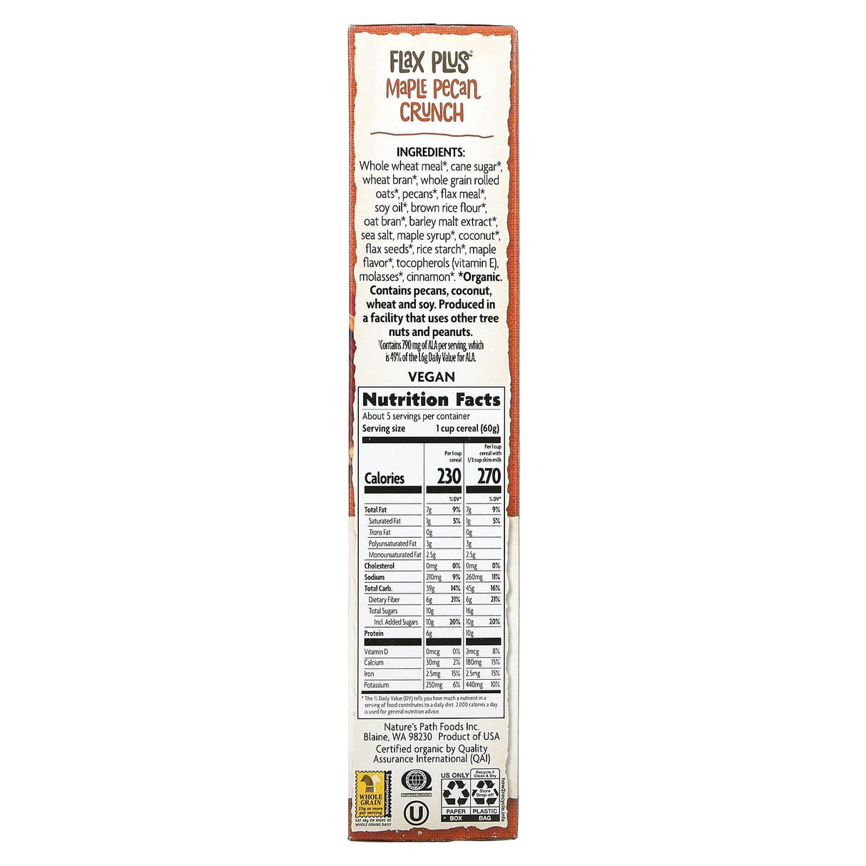 Nature's Path, Organic, Flax Plus Maple Pecan Crunch Cereal, 11.5 oz (325 g) - Supply Center USA