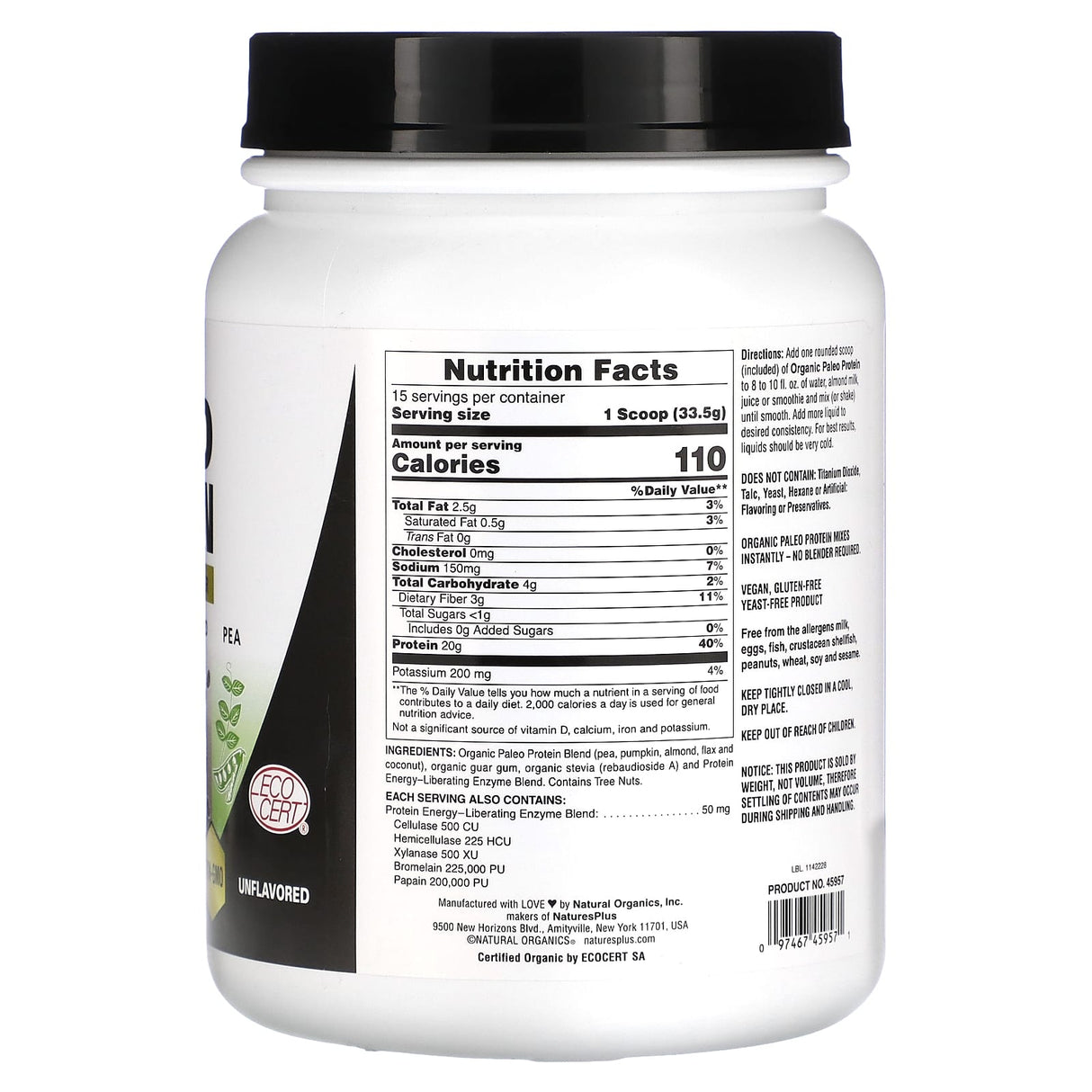 NaturesPlus, Organic Pea Protein Powder, 1.1 lbs (500 g) - Supply Center USA