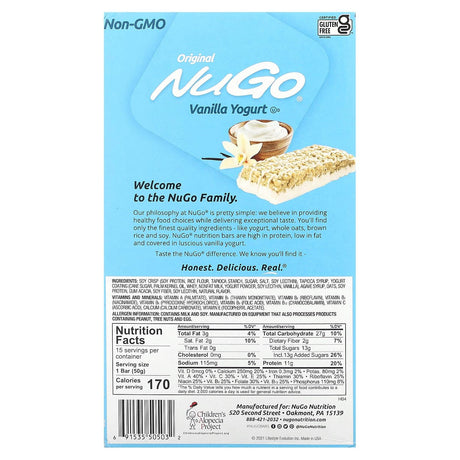 NuGo Nutrition, Original Bar, Vanilla Yogurt, 15 Bars, 1.76 oz (50 g) Each - Supply Center USA