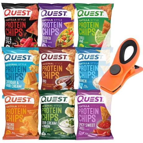 9 Pack Flavor Sampler - Quest Nutrition Tortilla Style Protein Chips, Variety Pack with Usa-Supply Magnetic Chip Clip