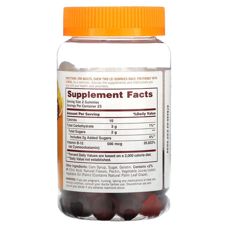 Sundown Naturals, B12, Raspberry, Mixed Berry & Orange, 250 mcg, 50 Gummies - Supply Center USA