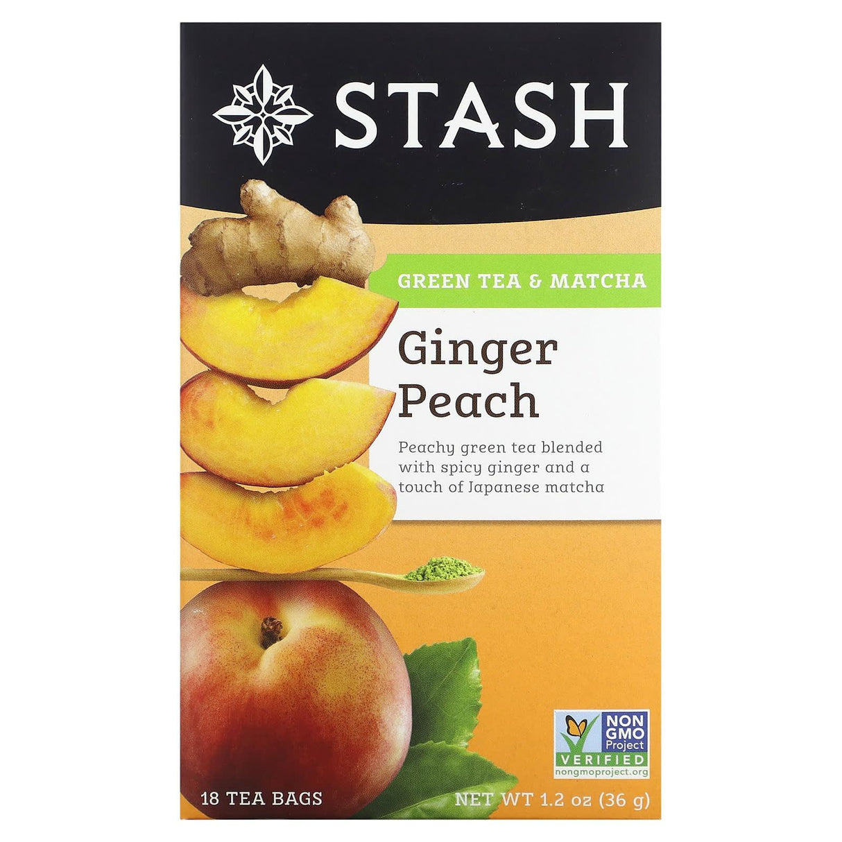 Stash Tea, Green Tea & Matcha, Ginger Peach, 18 Tea Bags, 1.2 oz (36 g) - Supply Center USA