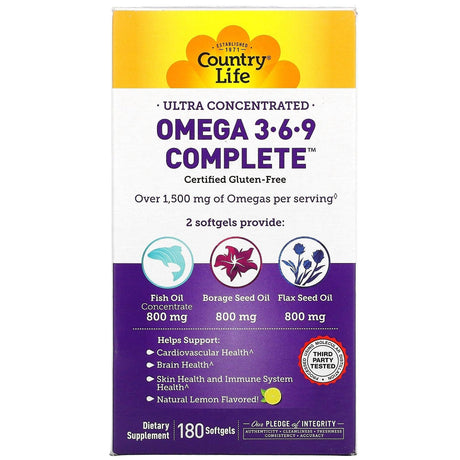 Country Life, Ultra Concentrated Omega 3-6-9 Complete, Natural Lemon, 90 Softgels - Supply Center USA