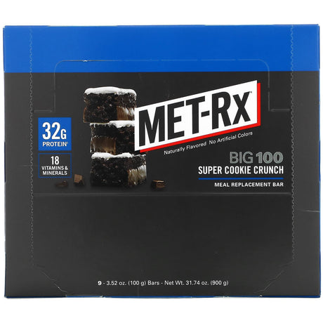 MET-Rx, Big 100, Meal Replacement Bar, Super Cookie Crunch, 9 Bars, 3.52 oz (100 g) Each - Supply Center USA