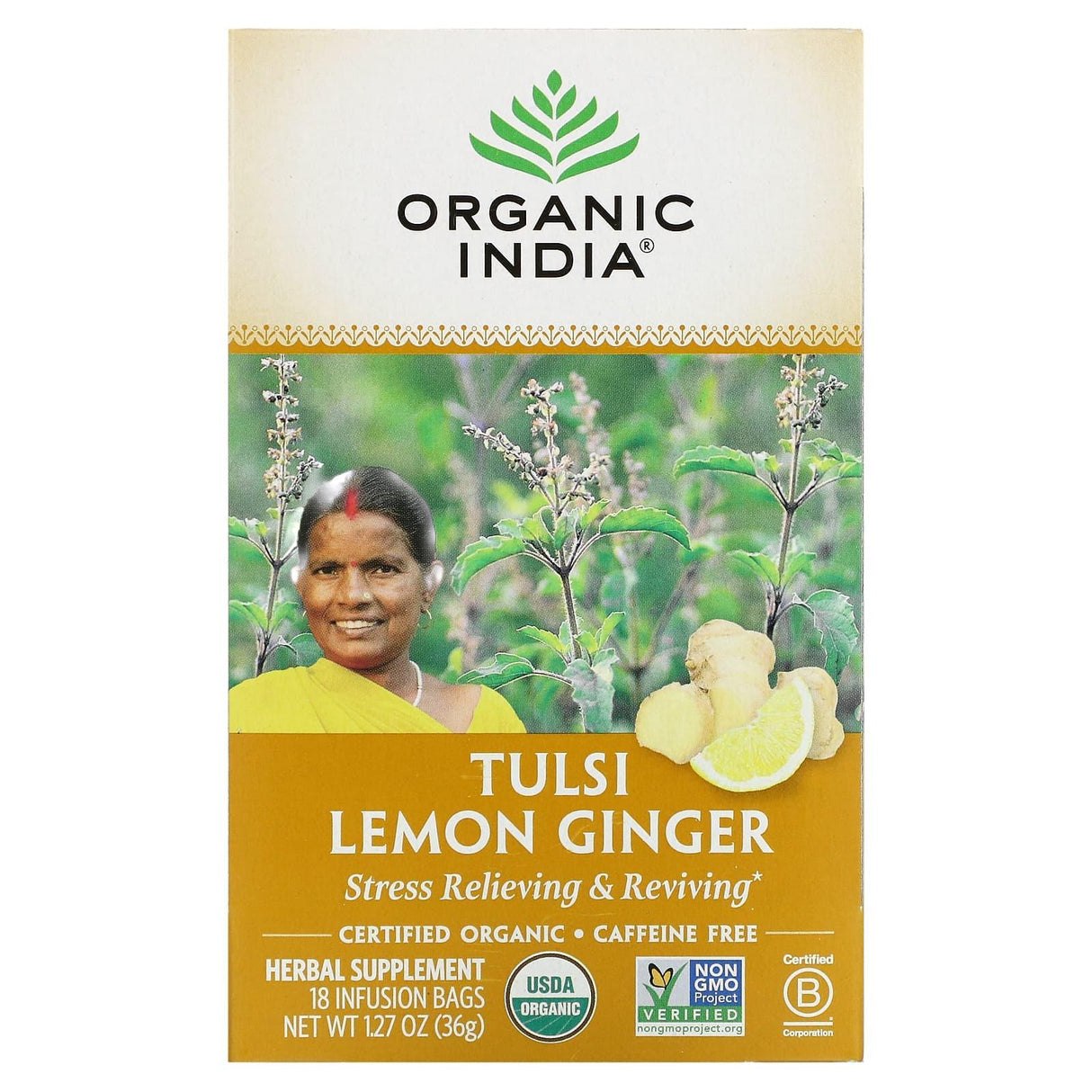 Organic India, Tulsi Tea, Lemon Ginger, Caffeine-Free, 18 Infusion Bags, 1.27 oz (36 g) - Supply Center USA