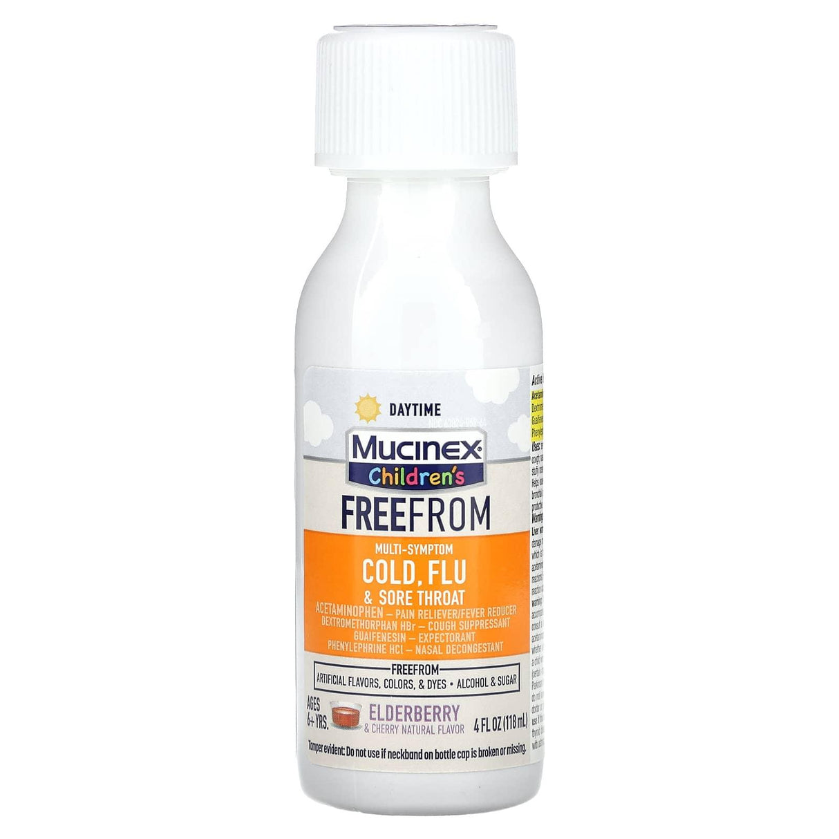 Mucinex, Children's, FreeFrom Multi-Symptom Cold, Flu & Sore Throat, Daytime, Ages 6+ Yrs, Elderberry and Cherry, 4 fl oz (118 ml) - Supply Center USA