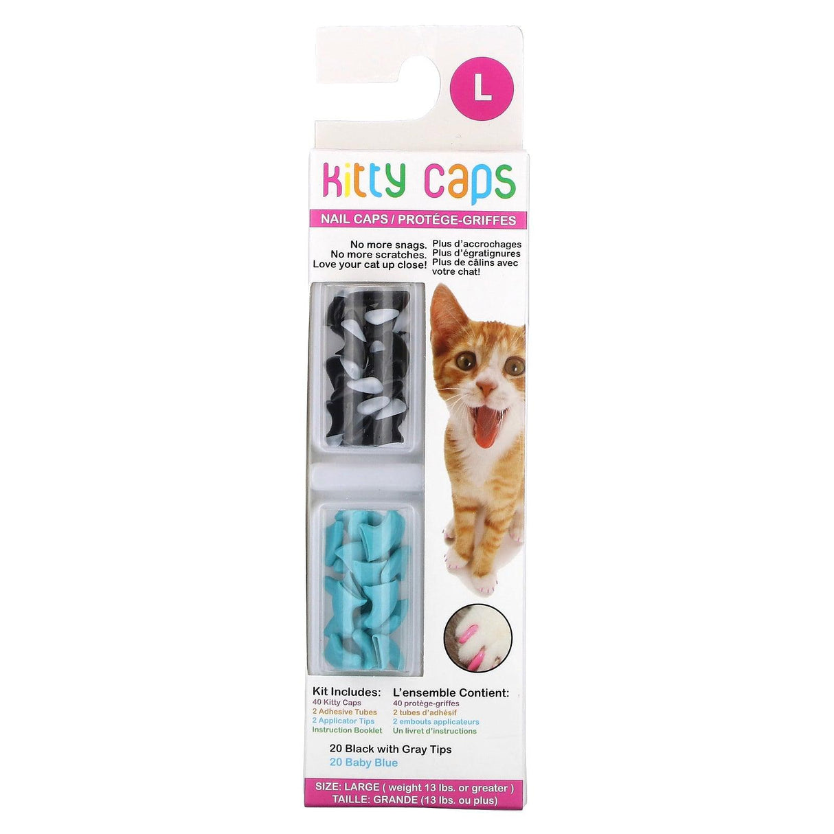 Kitty Caps, Nail Caps Kit, Large, Black with Gray Tips, Baby Blue, 44 Piece Kit - Supply Center USA