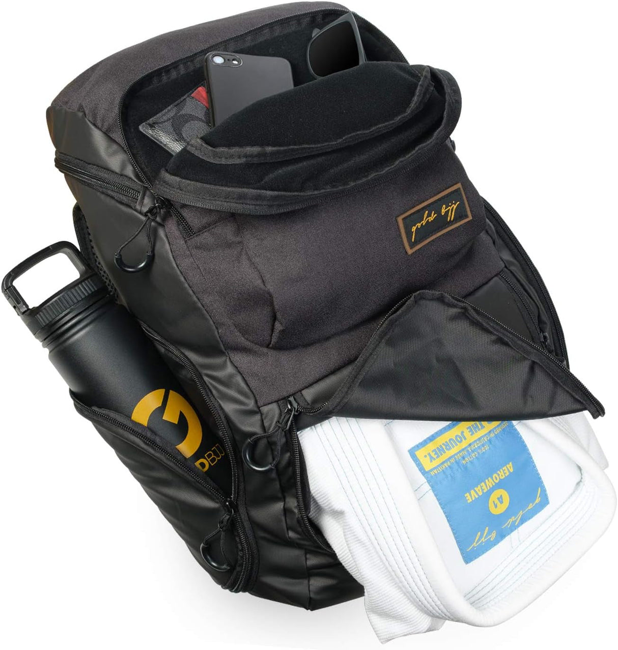 Gold BJJ Jiu Jitsu Backpack - Heavy Duty Gym Bag with Waterproof Gi Pocket