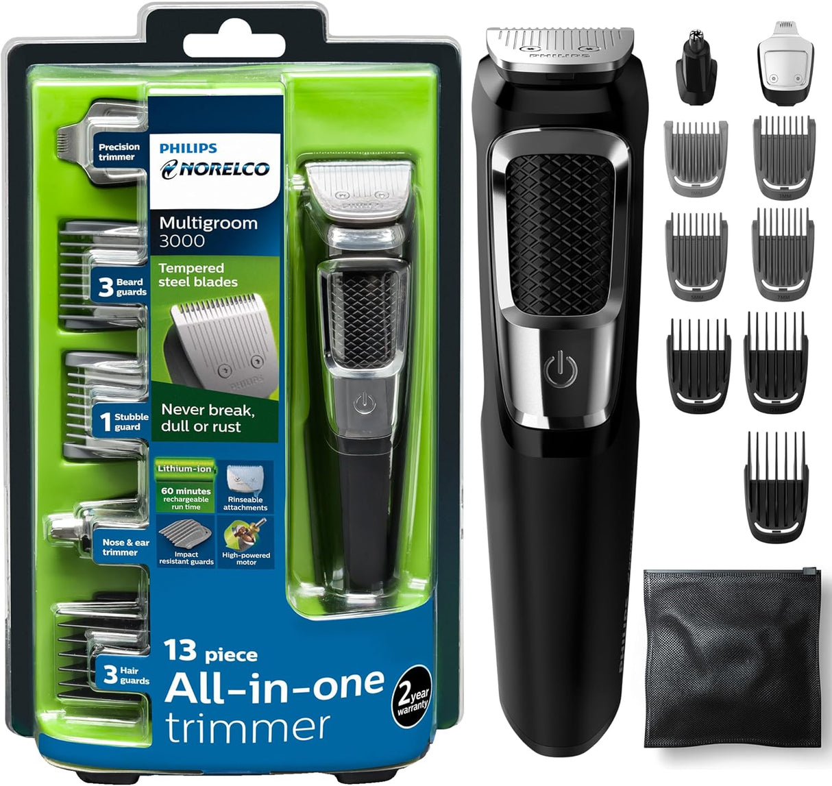 Philips Norelco Multi Groomer All-In-One Trimmer Series 3000-13 Piece Mens Grooming Kit for Beard, Face, Nose, Ear Hair Trimmer and Hair Clipper - NO Blade Oil Needed, MG3740/40