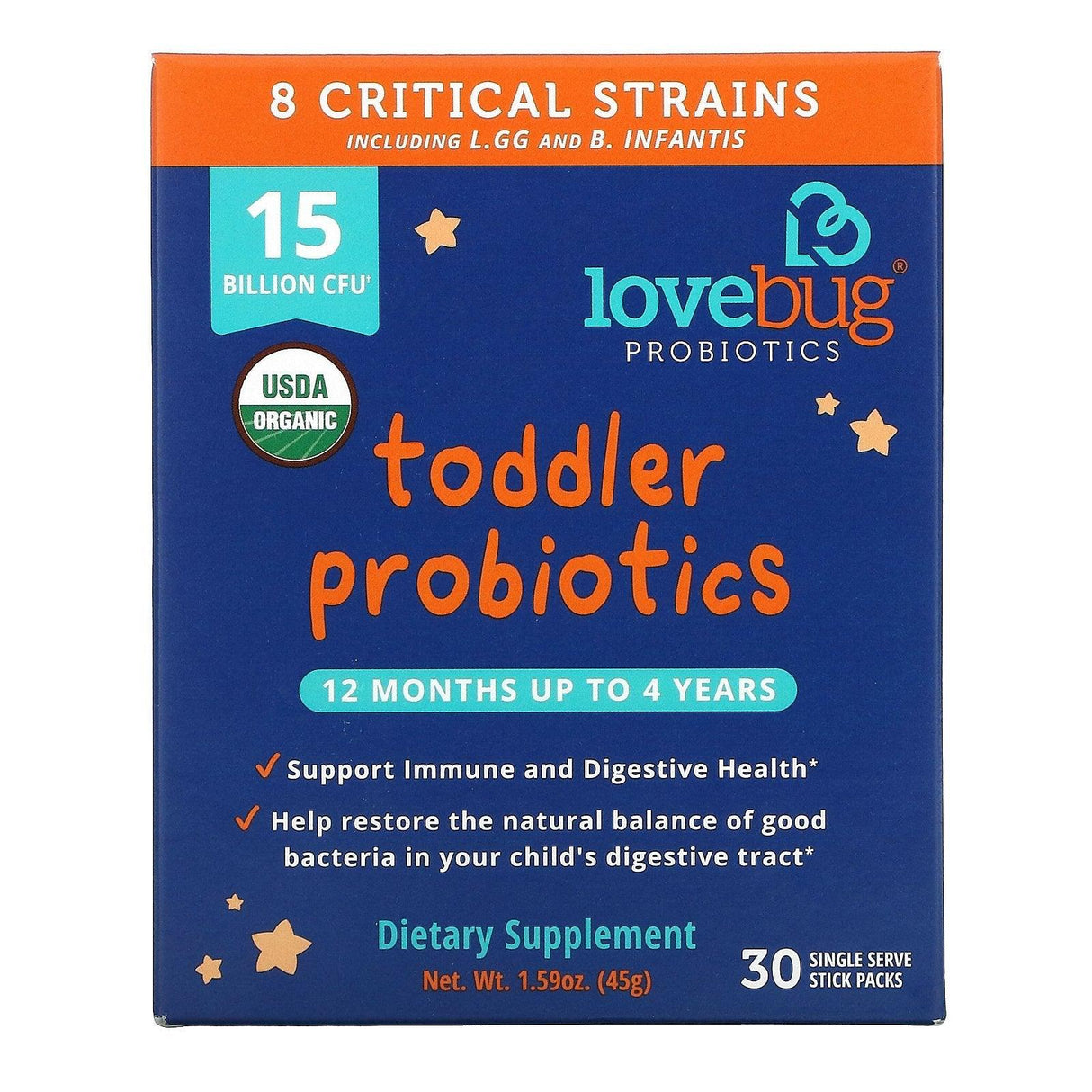 LoveBug Probiotics, Toddler Probiotics, 12 Months Up To 4 Years, 15 Billion CFU, 30 Single Serve Stick Packs - Supply Center USA