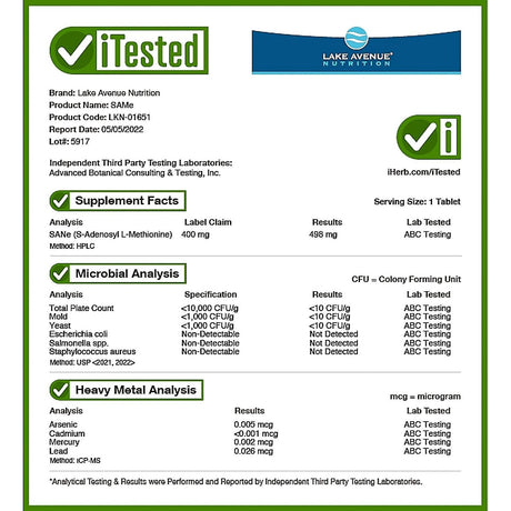 Lake Avenue Nutrition, SAMe ( Disulfate Tosylate), 400 mg, 60 Enteric Coated Tablets - Supply Center USA