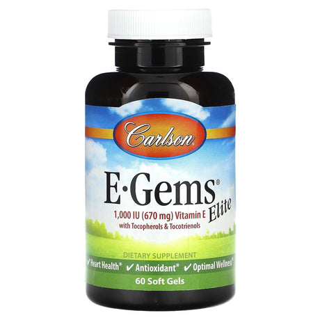 Carlson, E-Gems Elite, Vitamin E with Tocopherols & Tocotrienols, 670 mg (1,000 IU), 60 Soft Gels - Supply Center USA