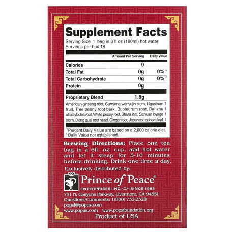 Prince of Peace, Herbal Tea, Menopause, For Women, 18 Tea Bags, 1.14 oz (32.4 g) - Supply Center USA