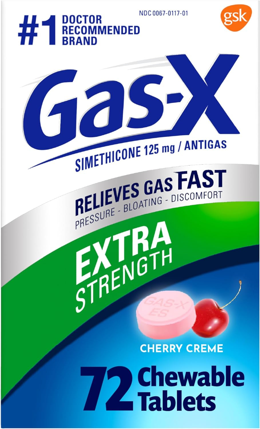 Gas-X Extra Strength Chewable Gas Relief Tablets with Simethicone 125 Mg for Bloating Relief, Cherry - 72 Count