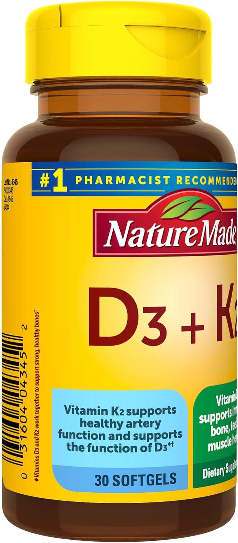 Nature Made Vitamin D3 K2, 5000 IU (125 Mcg) Vitamin D, Dietary Supplement for Bone, Teeth, Muscle and Immune Health Support, 30 Softgels, 30 Day Supply - Supply Center USA