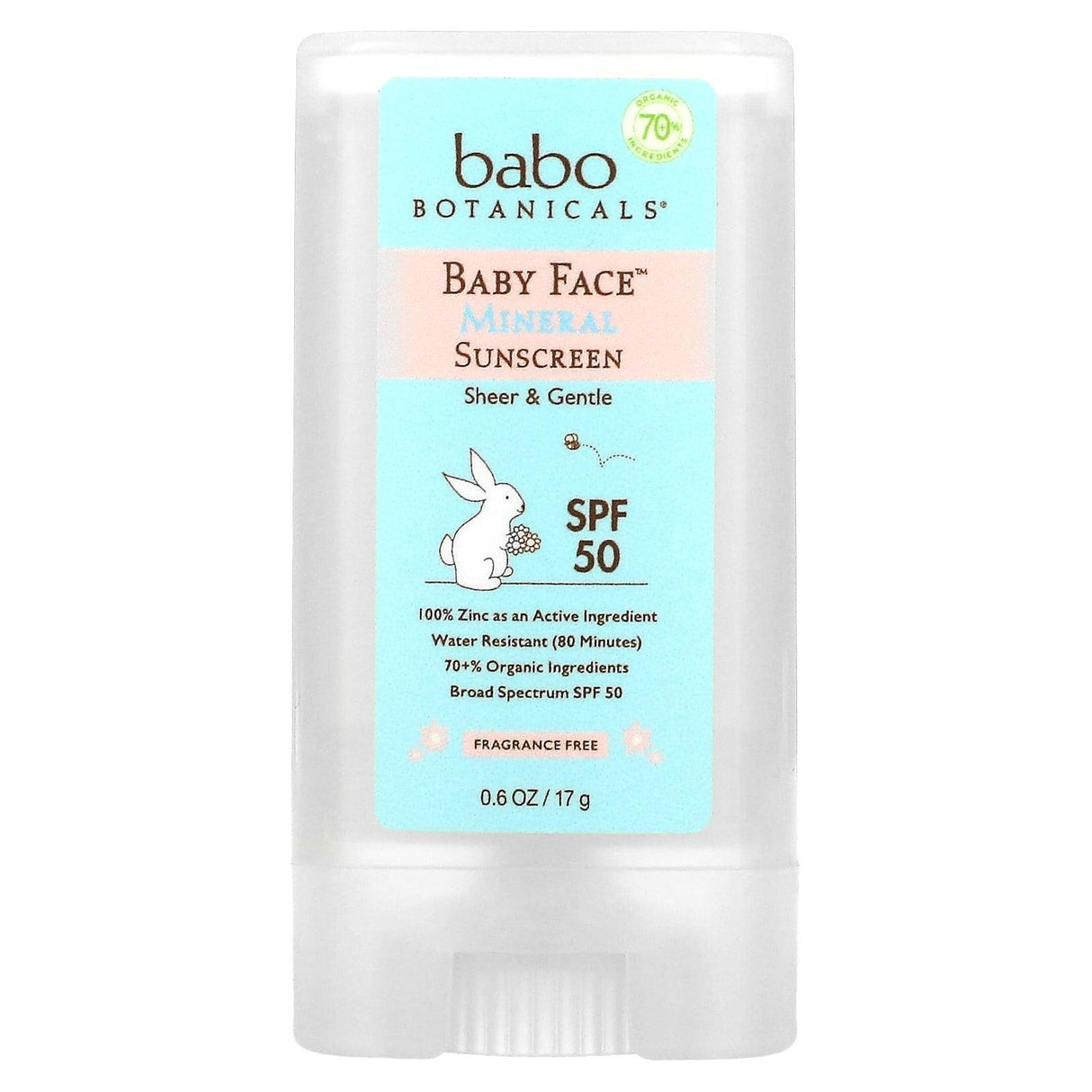 Babo Botanicals, Baby Face, Mineral Sunscreen Stick, SPF 50, Fragrance Free, 0.6 oz (17 g) - Supply Center USA