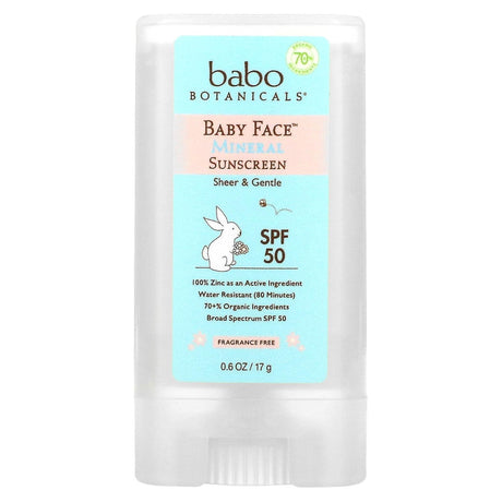 Babo Botanicals, Baby Face, Mineral Sunscreen Stick, SPF 50, Fragrance Free, 0.6 oz (17 g) - Supply Center USA