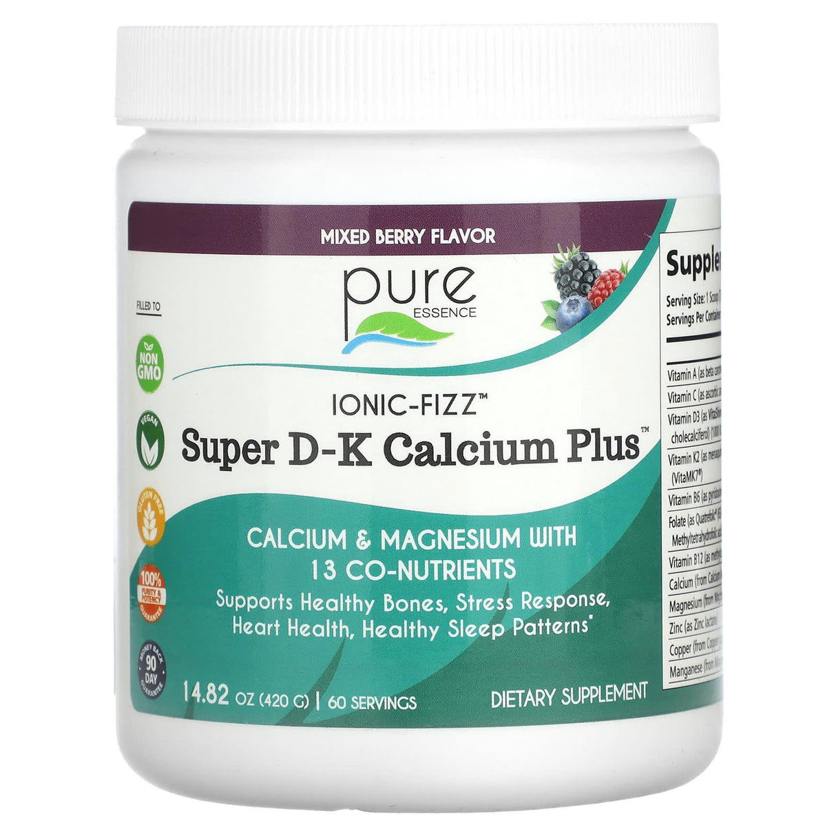 Pure Essence, Ionic-Fizz, Super D-K Calcium Plus, Mixed Berry, 14.82 oz (420 g) - Supply Center USA