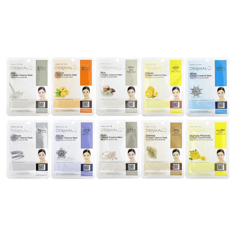 Dermal, Collagen Essence Beauty Masks, Brightening, Assorted, 10 Sheets, 0.81 oz (23 g) Each - Supply Center USA