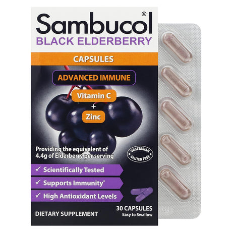 Sambucol, Black Elderberry Capsules, Advanced Immune + Vitamin C + Zinc, 30 Capsules - Supply Center USA