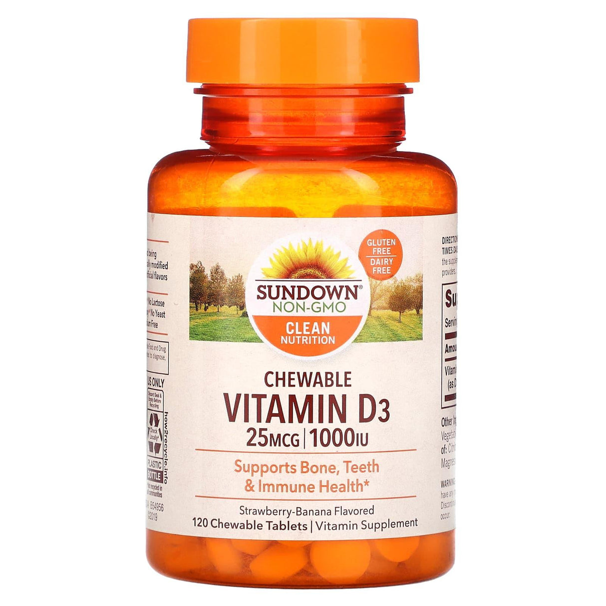 Sundown Naturals, Chewable Vitamin D3, Strawberry-Banana, 25 mg (1,000 IU), 120 ChewableTablets - Supply Center USA