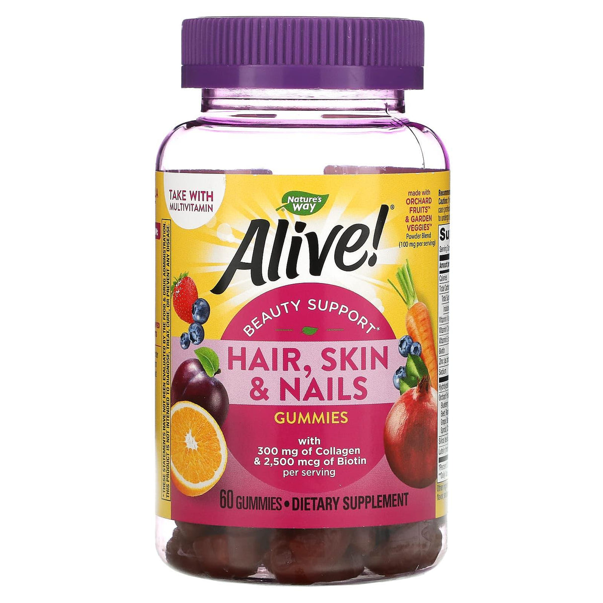 Nature's Way, Alive! Hair, Skin & Nails with Collagen & Biotin, Strawberry, 60 Gummies - Supply Center USA