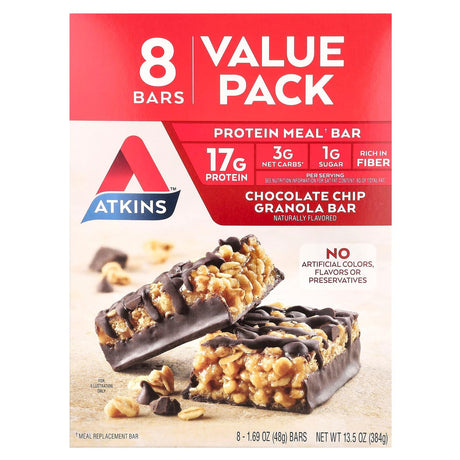 Atkins, Protein Meal Bar, Chocolate Chip Granola, 8 Bars, 1.69 oz (48 g) Each - Supply Center USA